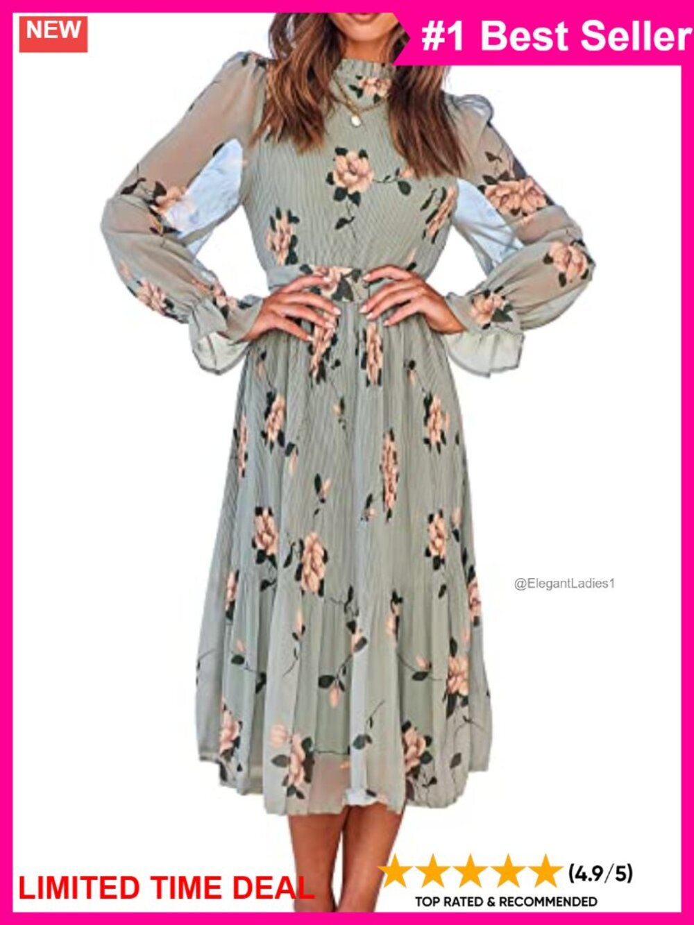 Women's Floral Puff Long Sleeve Midi Dress Smocked Chiffon A-Line